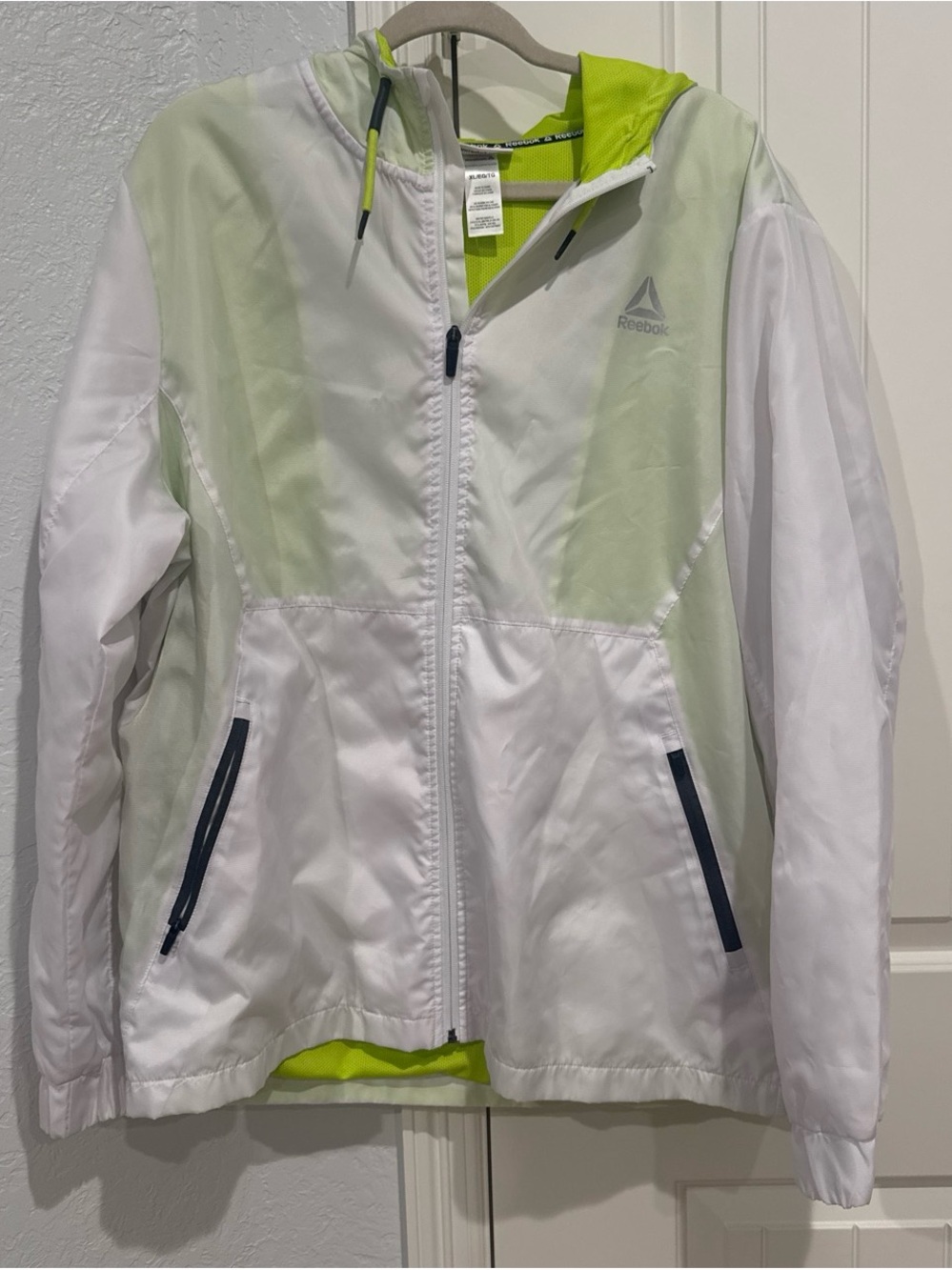 Reebok White and Neon Green Hooded wind breaker